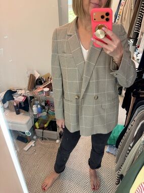 Double-Breasted Madewell Plaid Blazer in Taupe